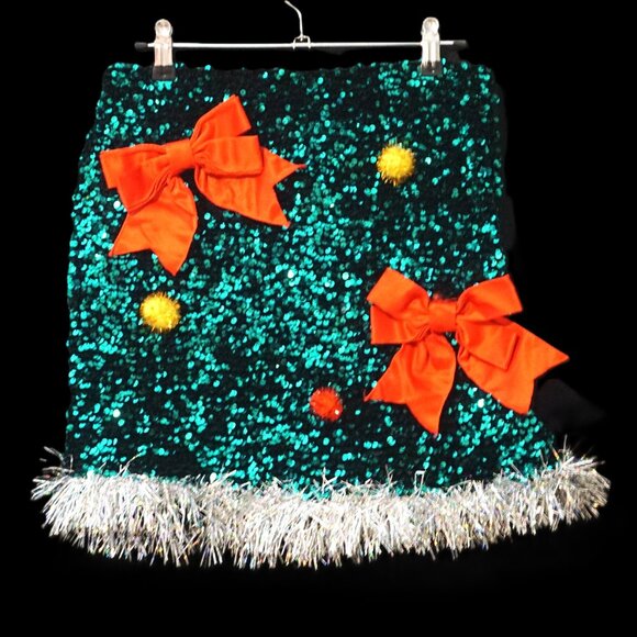 Love on a Hanger Dark Green Sequin Silver Tinsel Red Bow Christmas Skirt Medium - Picture 1 of 7